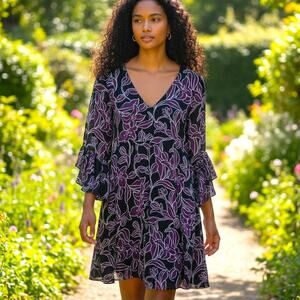 CALVIN KLEIN Trapeze Dress Purple Floral V-Neck Nape Keyhole Ruffles - Size 10